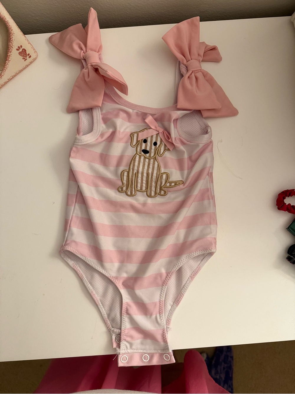 Girls Pink Stripe One-Piece Swimsuit with Puppy Patch and Bow Straps